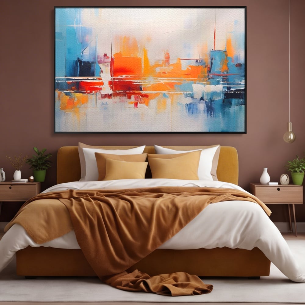 Tablou canvas cu pictura abstracta cu peisaj urban, in rama de aluminiu negru, pe perete intr-un dormitor